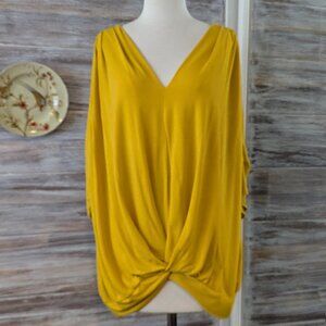 Women's Yellow Umgee Top Short Sleeve V Neck Blouse Twist Pleat Tee 1XL